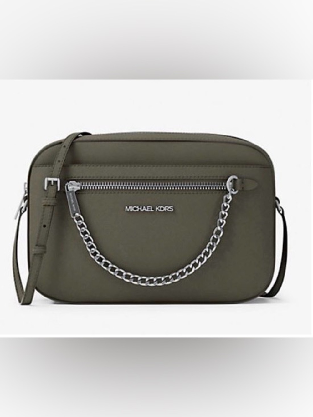 Michael Kors Jet Set Large Saffiano Leather Olive Crossbody with Silver Hardware
